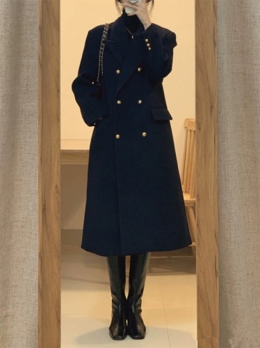 Black woolen coat women's mid-length  autumn and winter new Korean style Hepburn style loose thickened woolen coat