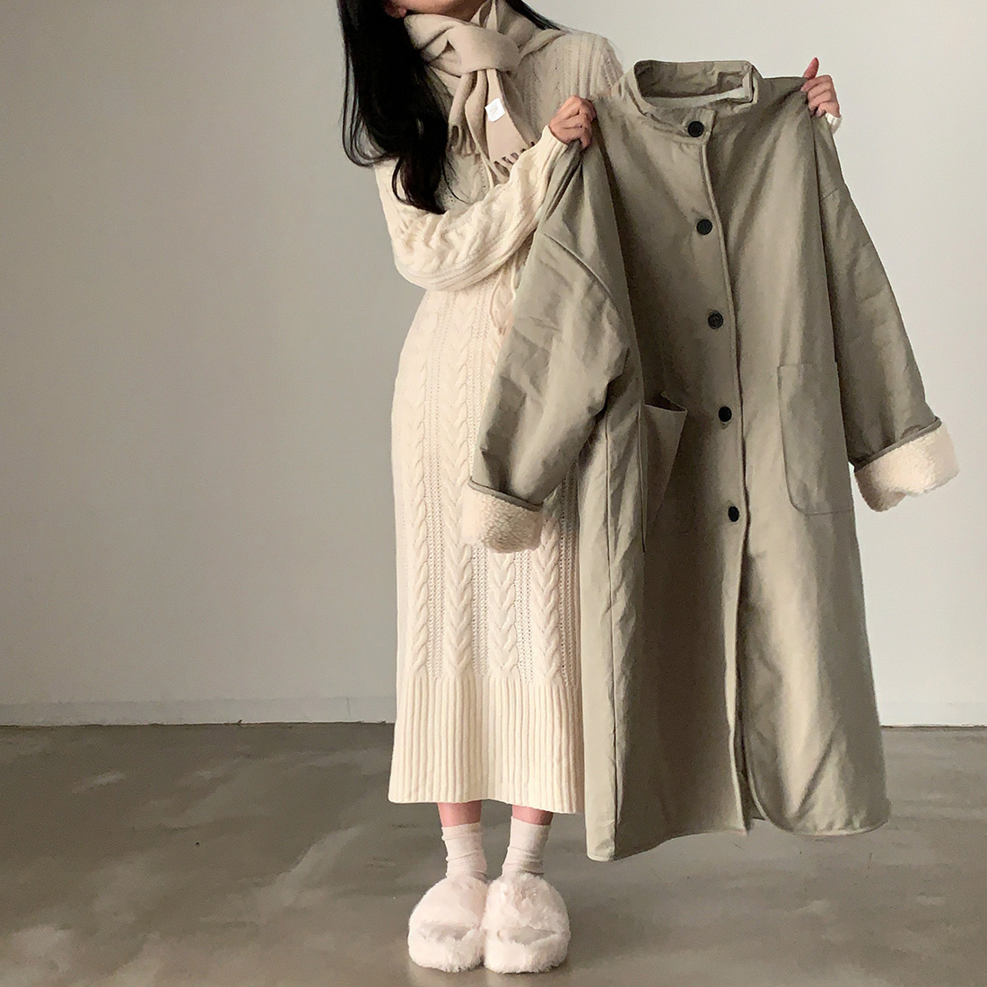 Korean chic versatile warm hooded retro long sweater dress knitted heavy industry dress for women