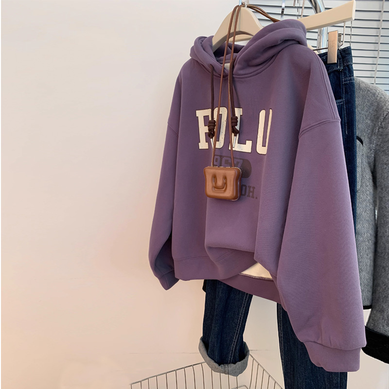 Original workmanship purple velvet hooded front shoulder sweatshirt for women autumn and winter European goods for small people 2023 new style
