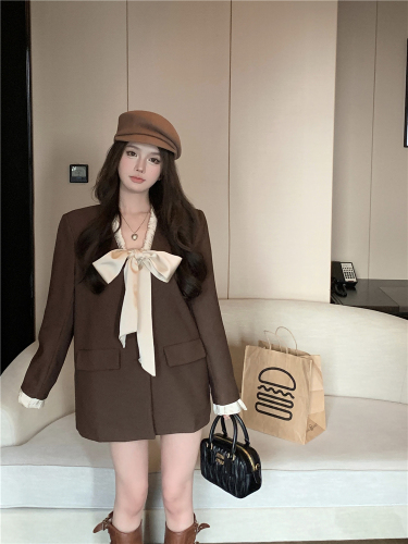 Real shot!  Designed V-neck big bow blazer women's autumn temperament versatile suit