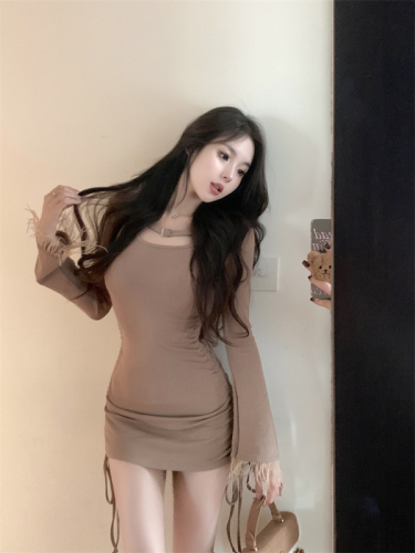 Actual shot ~  autumn and winter new long-sleeved slim dress for women, pure lust style sexy waist-hugging short skirt