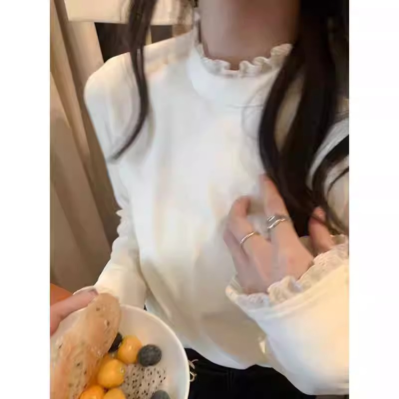 首發螺紋280克上衣長袖t恤加絨加厚女花邊圓領秋冬保暖打底衫
