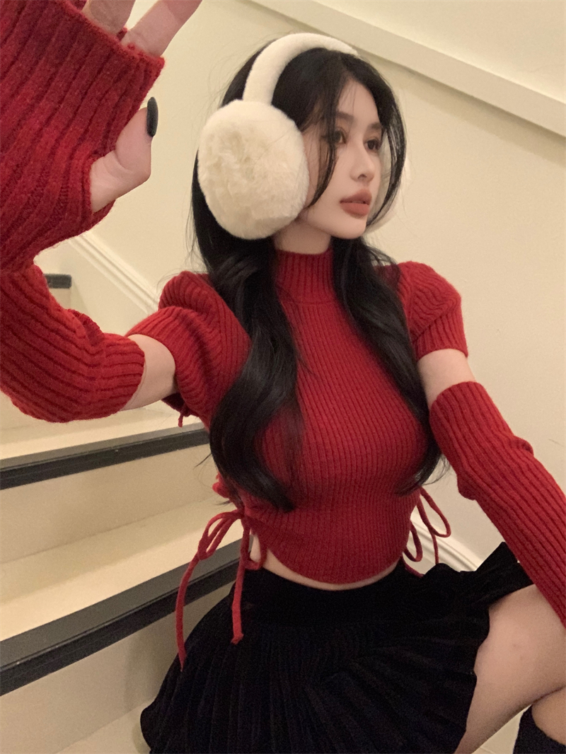 Real shot of Christmas red short-sleeved sweater for women in autumn and winter pure lust hottie sleeve top sweater