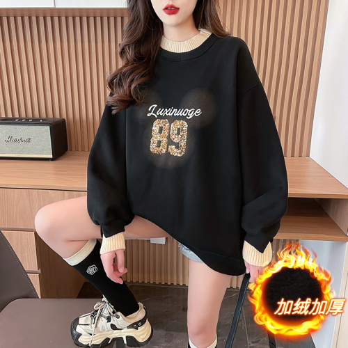 First real shot of pure cotton Chinese cotton composite silver fox velvet | back collar | high collar fake two-piece sequin embroidered sweatshirt