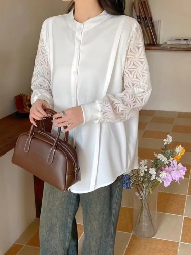2024 Spring Women's Clothing Japanese Style Long Sleeve Round Neck Lace Sleeves Fashion Casual Loose Design Sleeves Lace Embroidery
