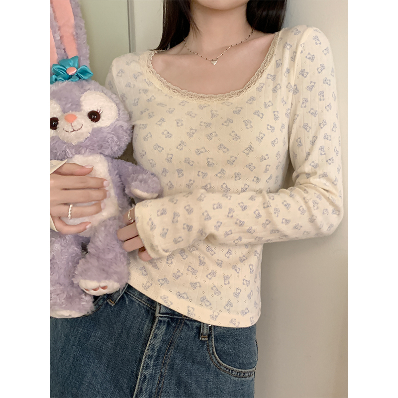 Real shot bear print T-shirt 2023 new small floral slim fit warm lace round neck long-sleeved bottoming shirt top