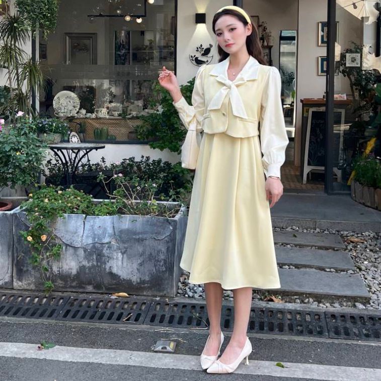 2024 early spring tea break French fake two-piece temperament dress women's new long skirt high-end skirt petite