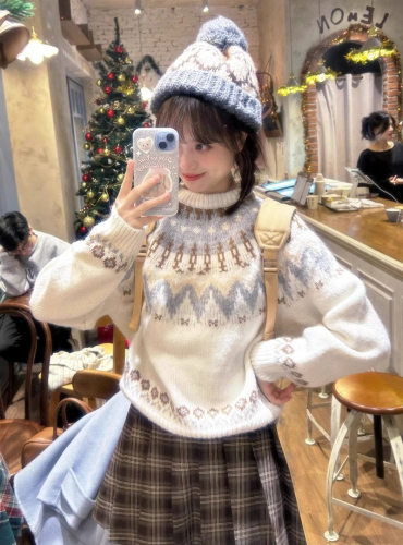 2024 New Crochet Fair Island Sweater Women's Autumn and Winter Christmas Atmosphere Temperament Casual Versatile Soft Waxy Knitted Top