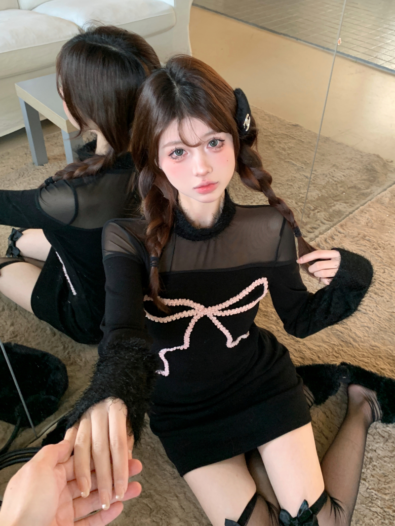 實拍 跨年戰袍蝴蝶結女冬小個子羊毛修身針織年會連衣裙