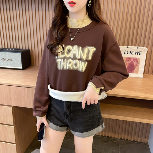 Real shot of Chinese cotton composite real super velvet thickened fake two-piece embroidered sweatshirt for women autumn and winter warm tops plus size women's clothing