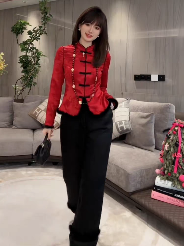 新中式重工盤扣顯瘦氣質時尚國風本命年紅色盤扣襯衫女秋冬新年