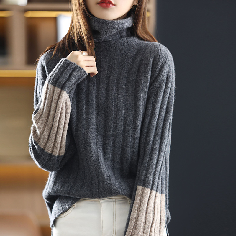 Autumn and winter new style sleeve color-blocked woolen sweater turtleneck pitted sweater for women with lazy thickened knitted bottoming shirt