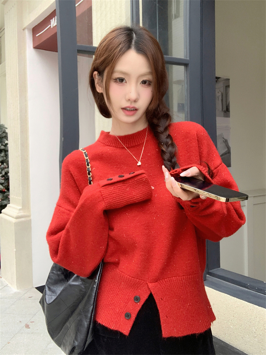 Real shot of winter clothing, stand-up collar, long sleeves, loose, stylish, sweet, solid color, chic pullover sweater top for women