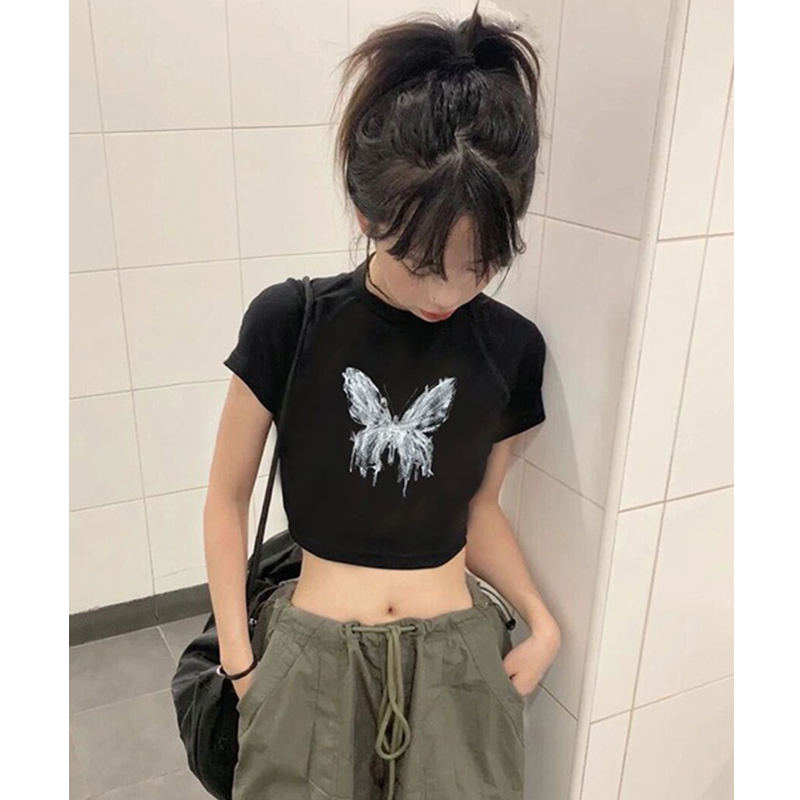 純棉200克精梳緊密帶彈力直播品質前 印花短款修身t恤女