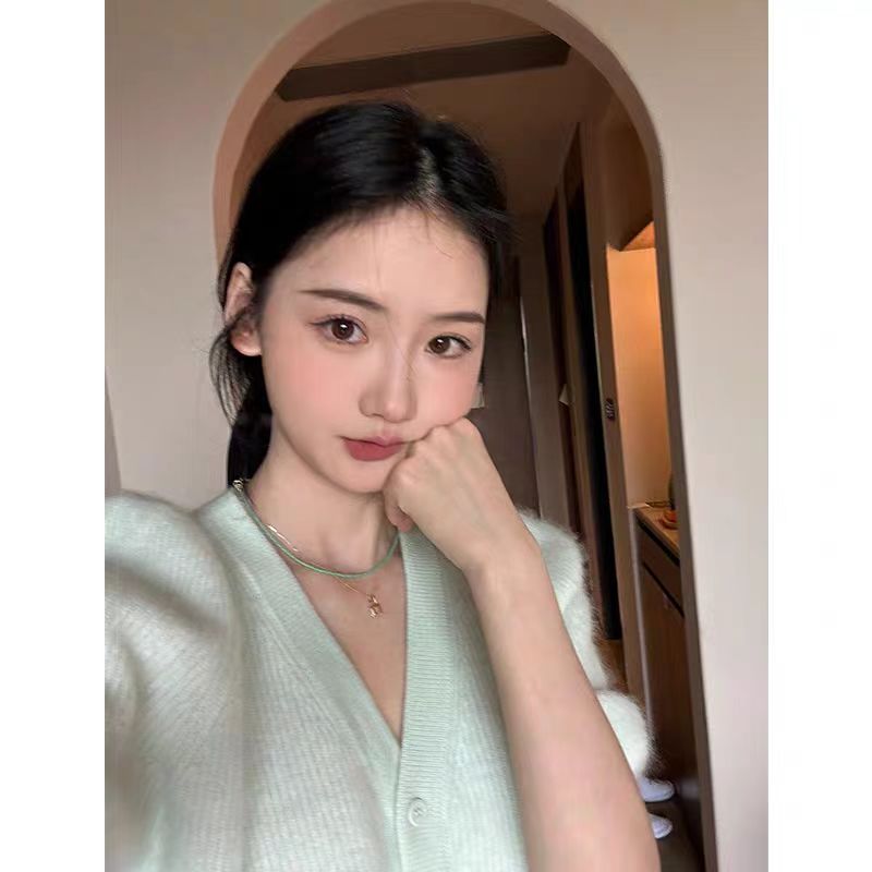 2023新款優雅氣質短款針織開衫高級感泡泡袖小香風上衣女