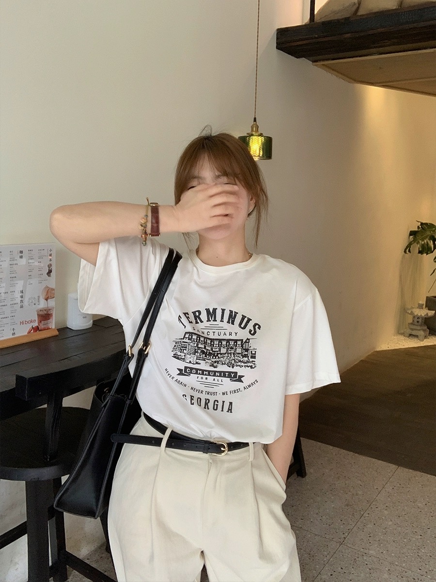 官圖 重磅/精梳純棉 後包領 有縫邊 S-XXXL 夏裝短袖T恤女