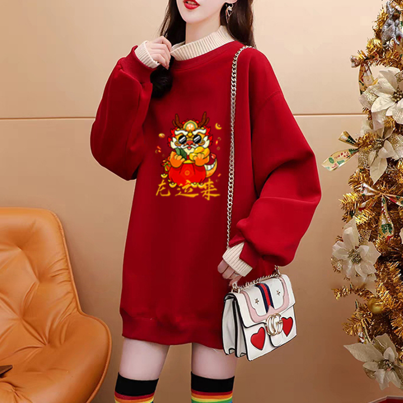 Pure cotton composite super soft autumn and winter super fire dragon print fake two-piece half turtleneck plus velvet sweatshirt for women