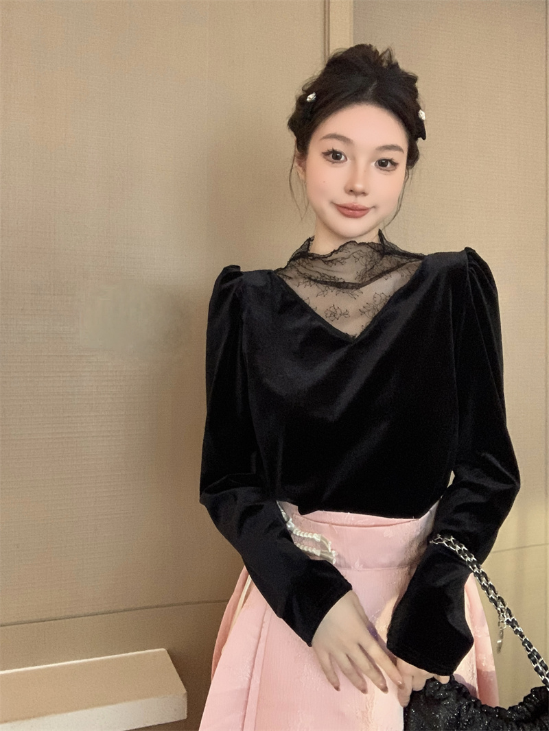 實拍 網紗v領半高領絲絨長袖t恤女裝修身法式套頭內搭上衣