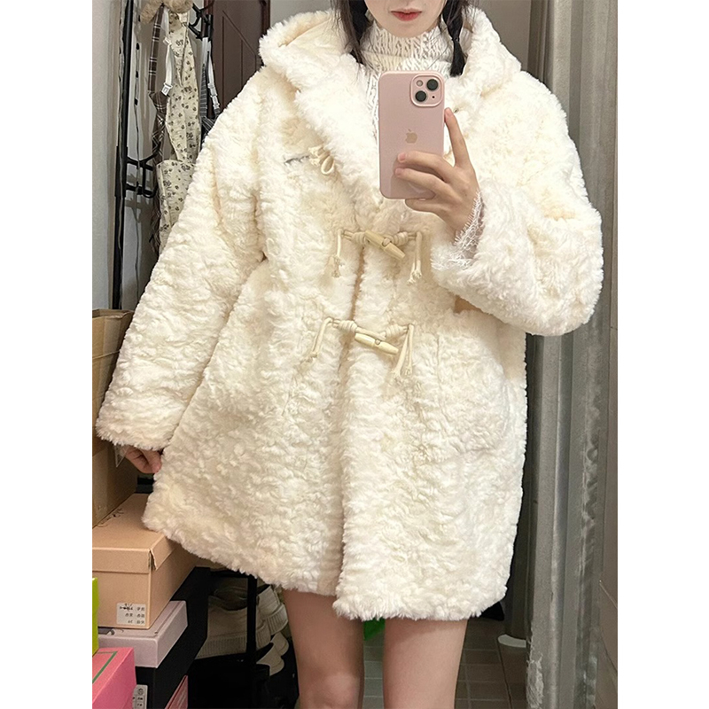 Women's autumn and winter loose thickened casual coat with lining buttoned hooded lambswool coat for women
