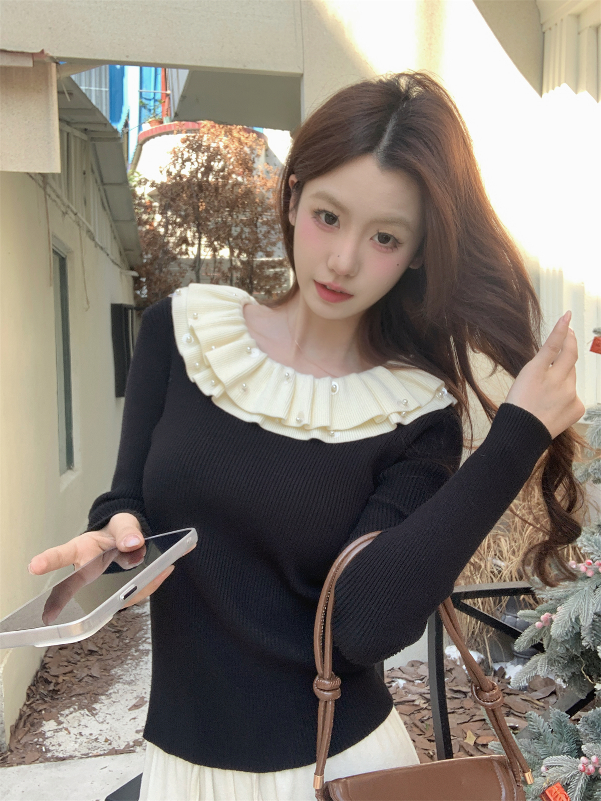 實拍 秋冬韓版修身法式甜美釘珠內搭安迪絨針織打底衫毛衣女