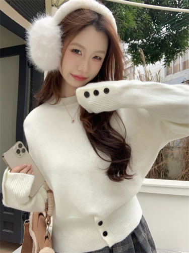 Actual shot of Korean button-down stand-up chic pullover sweater for women winter solid color sweater long-sleeved top