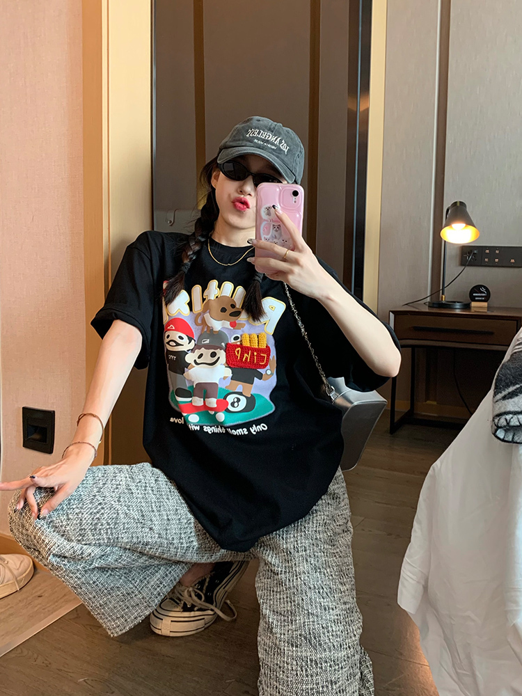 官圖 重磅/精梳純棉 後包領 有縫邊 S-XXXL 夏裝短袖T恤女