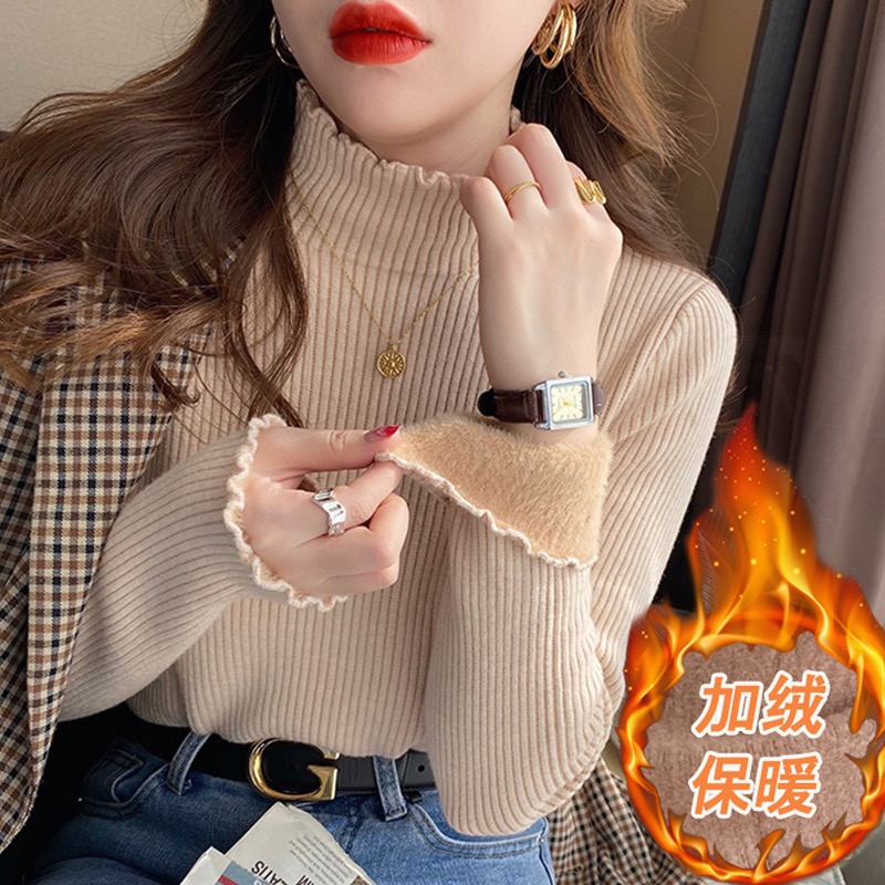 半高領一體絨打底衫女內搭秋冬新款加絨加厚毛衣洋氣木耳邊針織衫