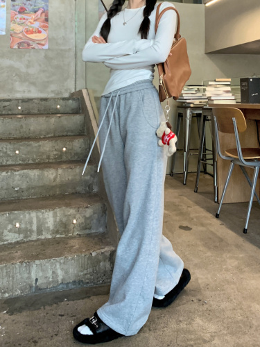 Actual shot of autumn and winter versatile velvet elastic waist drawstring casual pants loose straight trousers