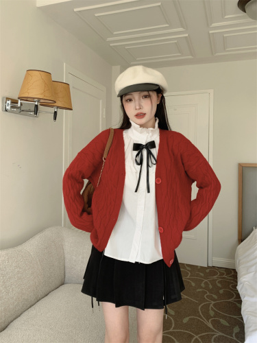 Real shot of red twist sweater jacket + bow-tie white top + A-line skirt