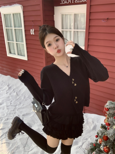 Real shot of autumn and winter new style casual temperament versatile irregular button cardigan design knitted sweater for women