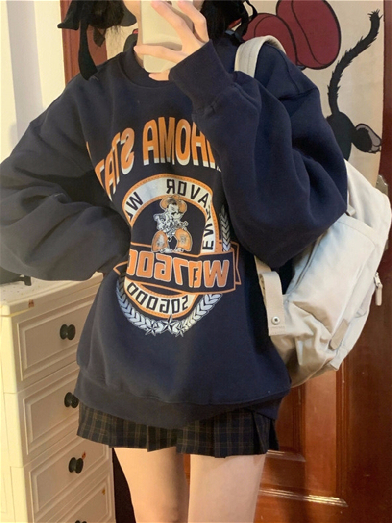 2023 new round neck sweatshirt for women loose autumn and winter heavy velvet thickened American retro hooded top ins