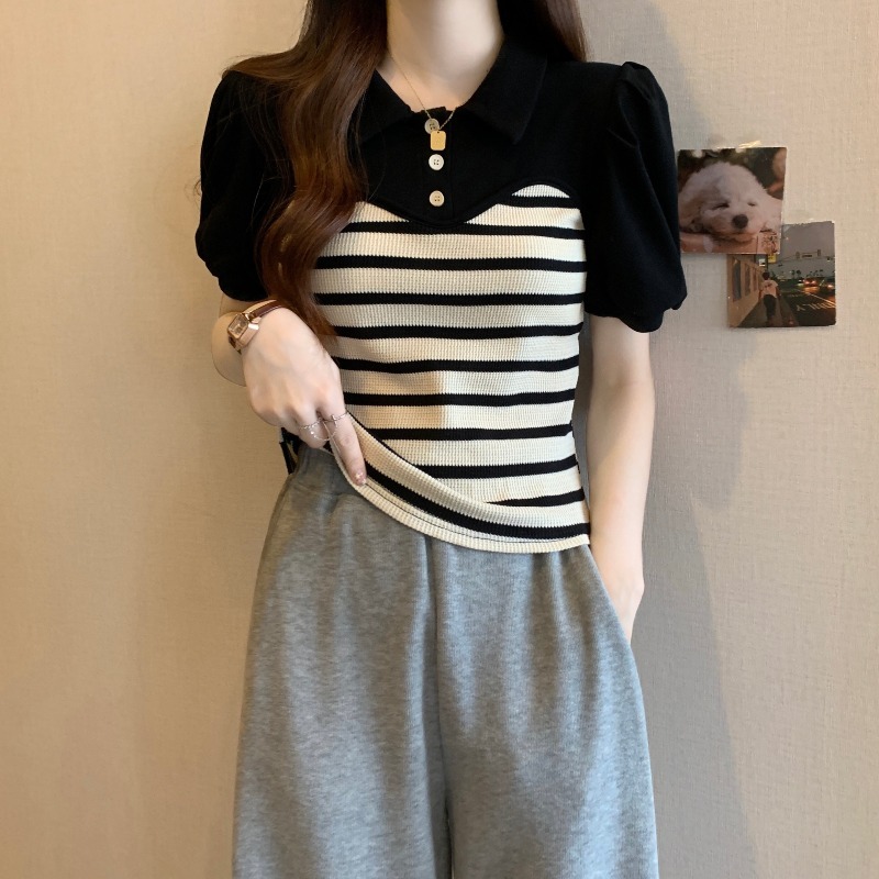 遮肚子假兩件條紋正肩針織夏季胖妹妹mm顯瘦泡泡袖短款上衣