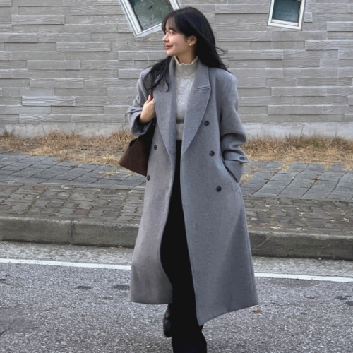 Korean Dongdaemun INS retro temperament lapel double-breasted woolen coat long lace-up woolen coat