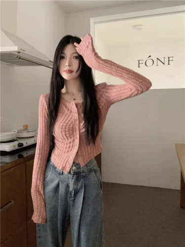 Original quality spring and autumn pure lust style sweet and spicy cardigan slim top pink short irregular style