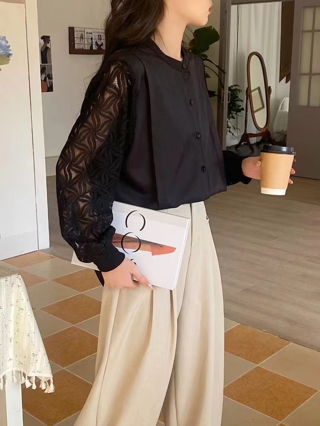 2024 Spring Women's Clothing Japanese Style Long Sleeve Round Neck Lace Sleeves Fashion Casual Loose Design Sleeves Lace Embroidery