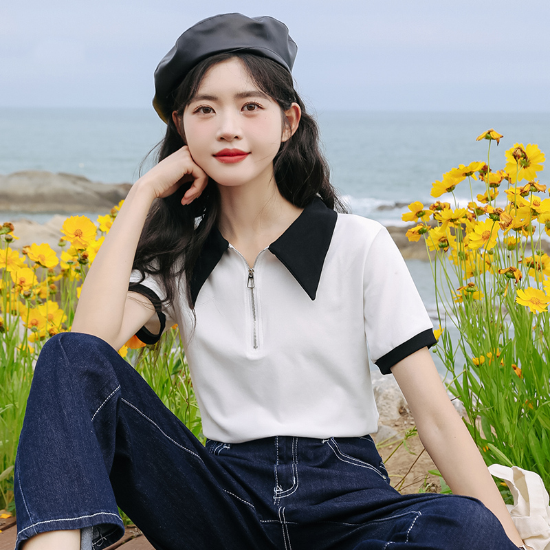 好質量~翻領半拉鏈短袖T恤女夏季修身百搭正肩設計感Polo衫上衣