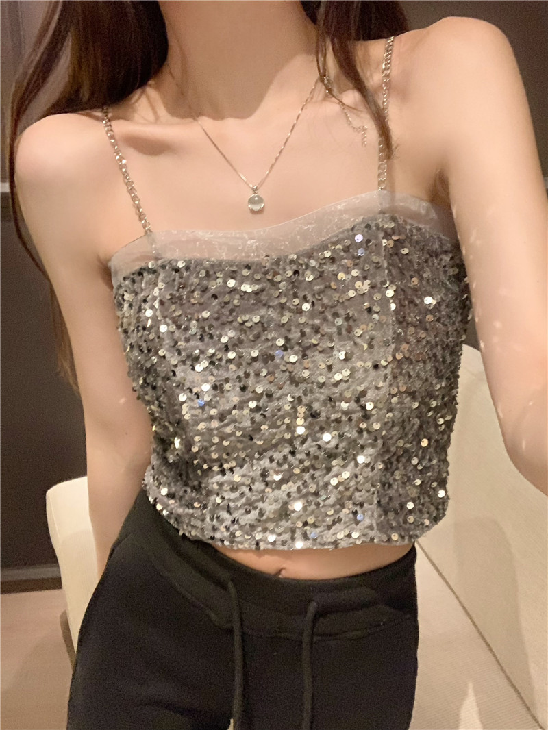 Actual shot ~ Pure lust sexy sparkling sequined camisole with French sweet and spicy short slimming top