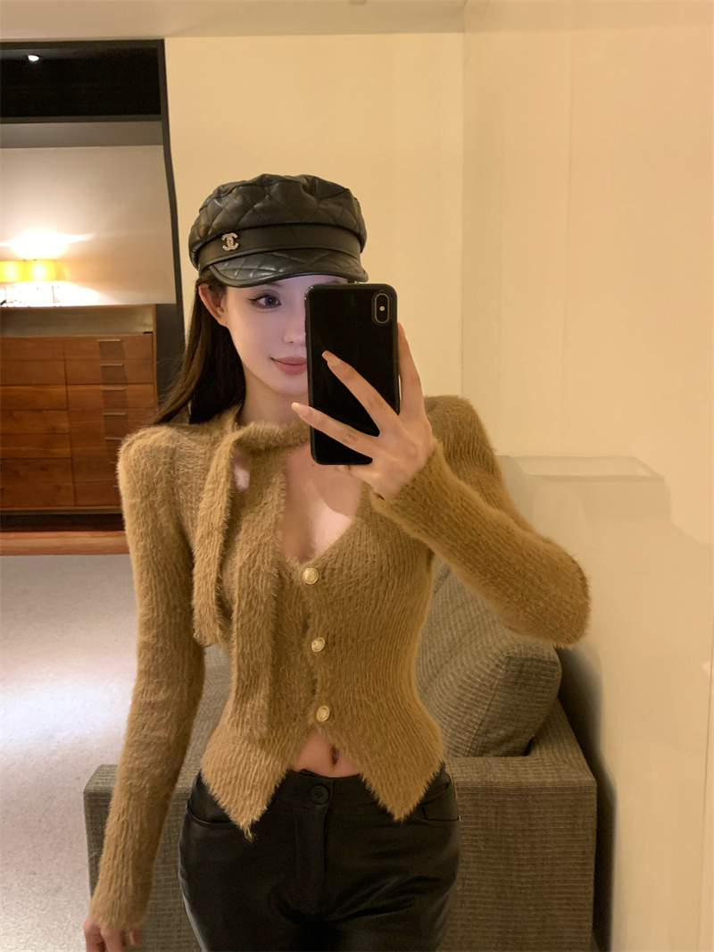 Actual shot of mink fur slim fit buttoned V-neck sweater with lace-up bow