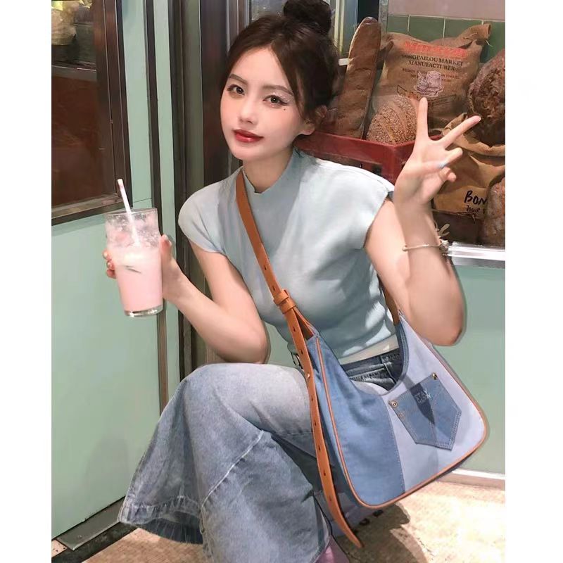 藍色小飛袖針織短袖t恤女夏季設計感小眾別致短款甜辣妹修身上衣