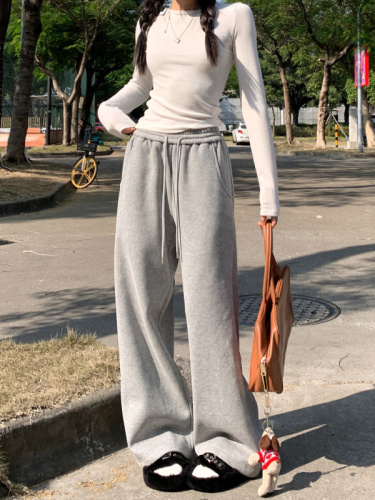 Actual shot of autumn and winter versatile velvet elastic waist drawstring casual pants loose straight trousers