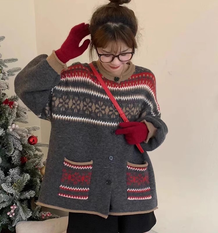 PPHOME sweet tune ~ Christmas atmosphere contrasting jacquard sweater autumn and winter Korean version thickened loose sweater