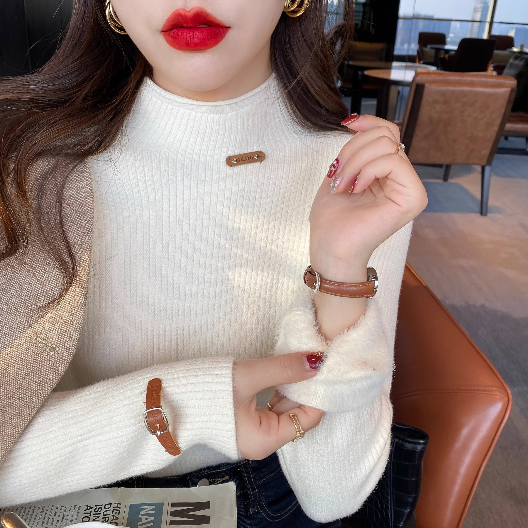 加絨毛衣女設計感加厚半高領內搭打底衫秋冬高級感一體絨保暖上衣