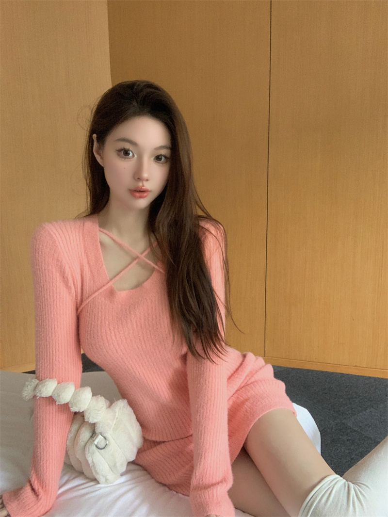 Real shot of sweet hot girl imitation mink skirt soft and waxy knitted dress slim fit autumn and winter sexy sweater skirt for women