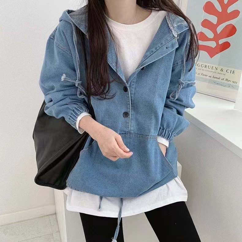 2024 early spring Korean Dongdaemun autumn hooded denim sweatshirt coat short jacket