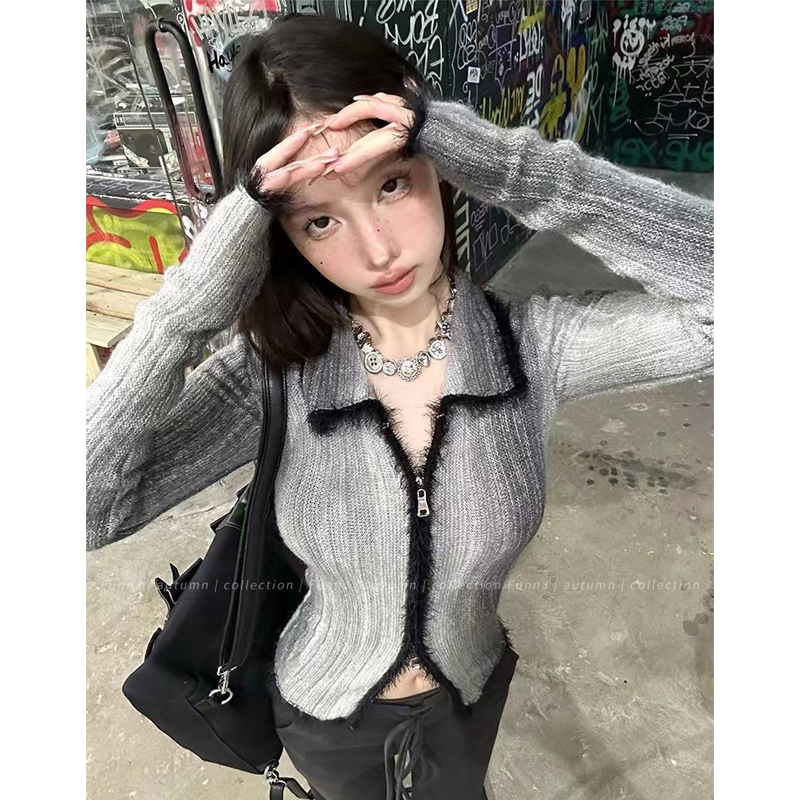 Maillard Gradient Color Soft Waxy Sweater Women's Autumn and Winter Pure Desire Hot Girl Furry Top Double Zipper Knitted Cardigan Jacket