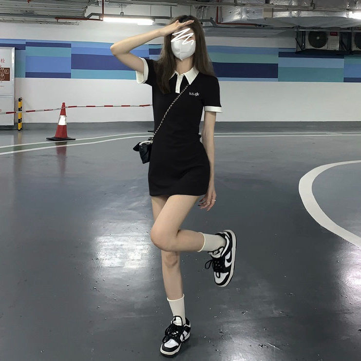 polo領連衣裙女夏季2023新款撞色純欲設計感修身顯瘦短袖A字裙子