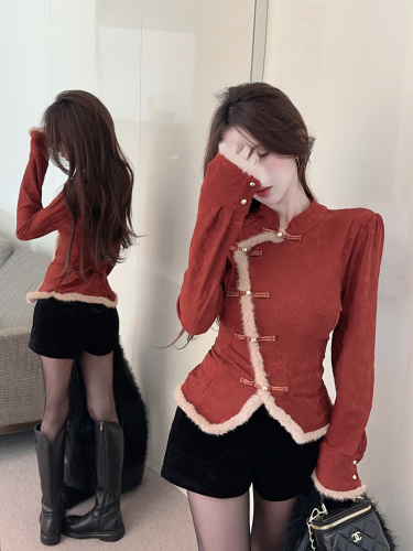 Real shot!  New Chinese style long-sleeved shirt for women plush splicing design irregular button top 2387