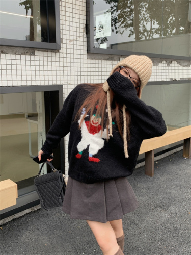 Real shot!  Western style ski atmosphere simple sweater clown cartoon pattern thickened knitted top for women