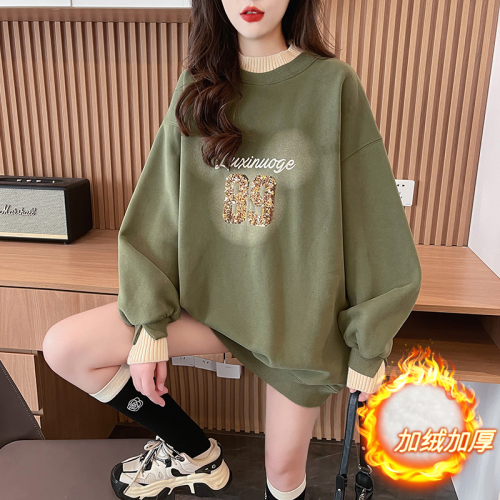 First real shot of pure cotton Chinese cotton composite silver fox velvet | back collar | high collar fake two-piece sequin embroidered sweatshirt