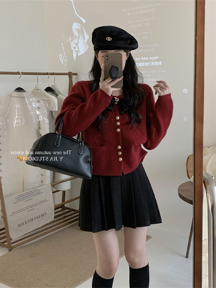 2024 Year of the Dragon Red Sweater Women's Jacket Design Niche Bow Knitted Cardigan Top